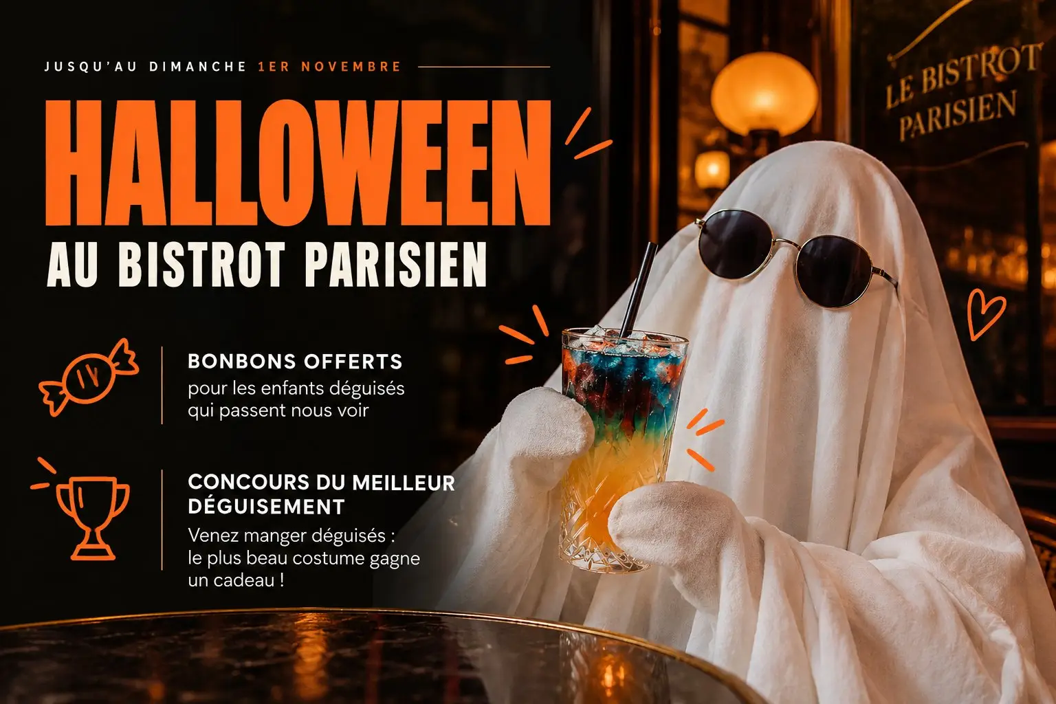 Halloween au Bistrot Parisien jusqu'au dimanche 1er novembre : bonbons offerts aux enfants déguisés et concours du meilleur déguisement