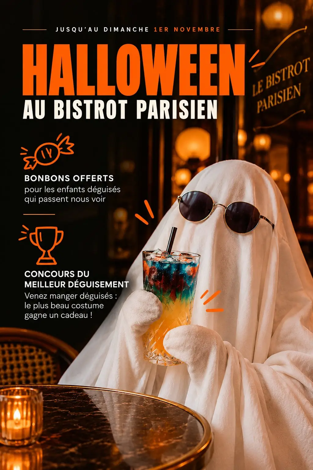 Halloween au Bistrot Parisien jusqu'au dimanche 1er novembre : bonbons offerts aux enfants déguisés et concours du meilleur déguisement